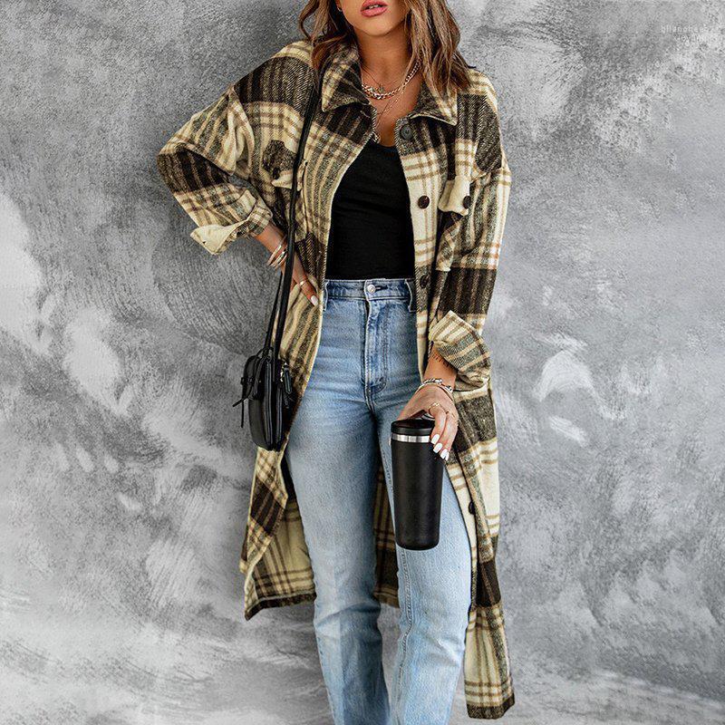 

Women's Wool & Blends Spring Autumn Office Jacket Vintage Plaid Print Long Cardigan Coats Women Elegant Single Breasted Button Straight Tops, 02 orange