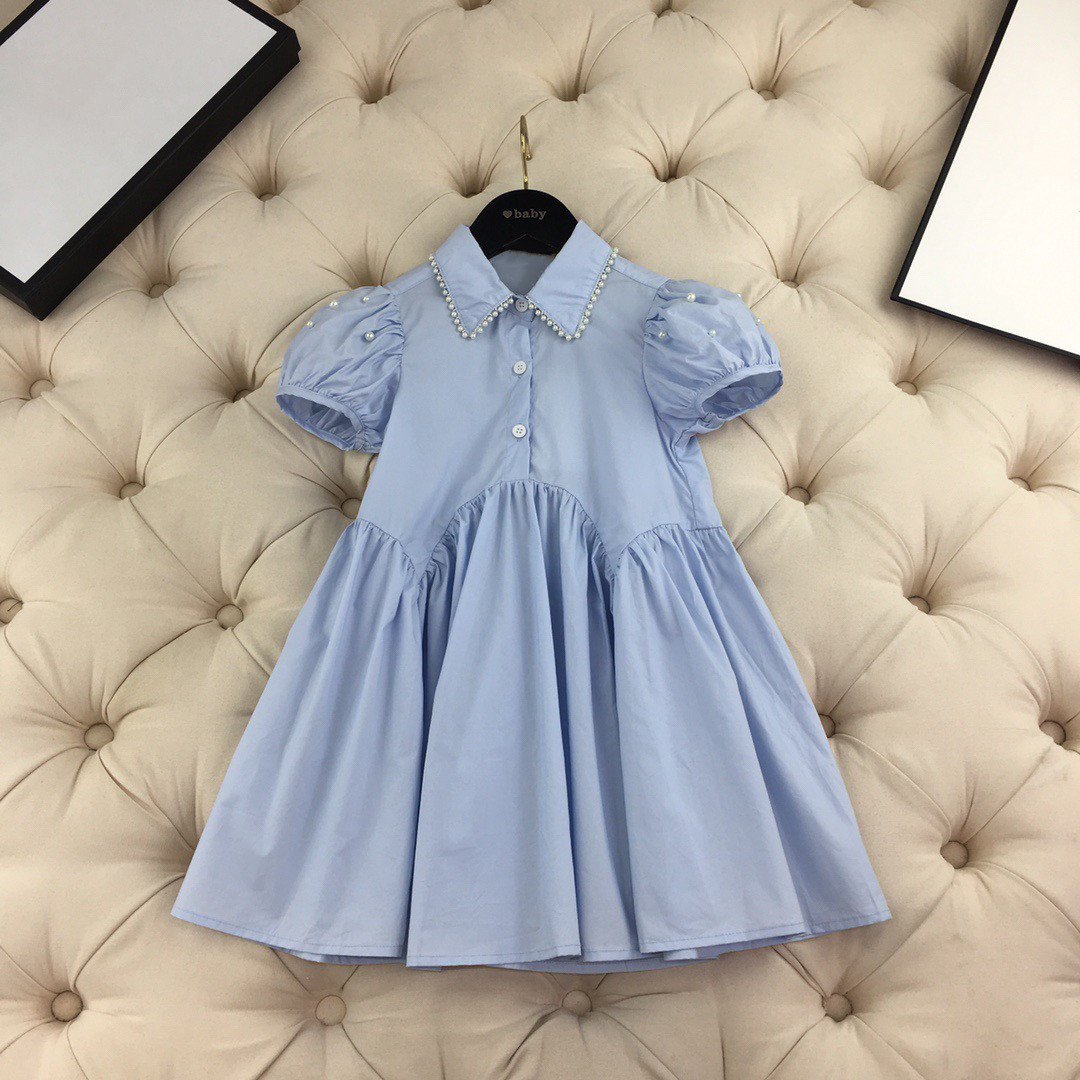 

Preppy Style Summer Kids Girls Dresses Baby Girl Solid Blue Dress Fashion Children short sleeve clothing, Wathet blue