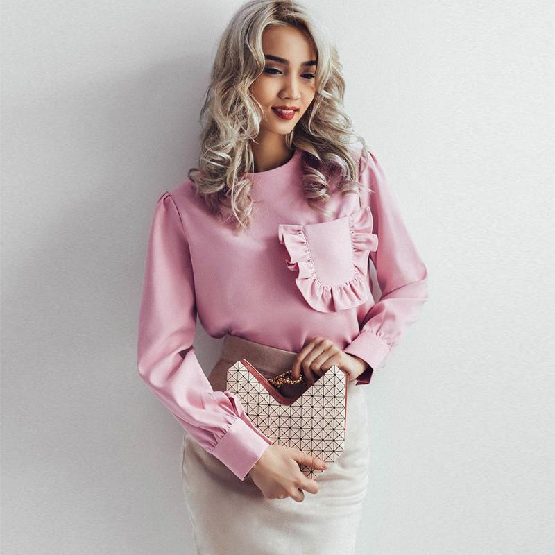 

Women' Blouses & Shirts Vintage Ruffle Pocket Pink Blouse Long Sleeve Shirt Women Elegant Round Neck Casual Fitness Womens Summer Tops And