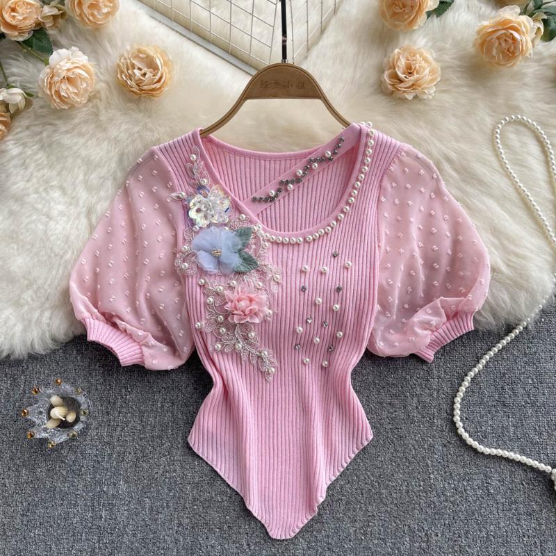 

Women's Blouses & Shirts Knitted Tops Woman Short Sleeve Corset Type Top With Puffy Sleeves Korean Style Blouse Pearl Floral Shirt Blusas Fe, White