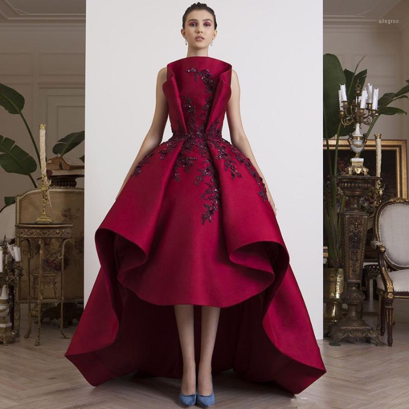 Robes de soirée élégante longue robe de soirée arabe Applique femmes haut bas col roulé longueur de plancher formelle sur mesure