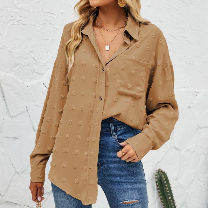 

Women' Blouses & Shirts Spring Summer Loose Button Chiffon Jacquard Puff Shirt Women Tops Blouse Up Camisas Casual ShirtsWomen, Bge