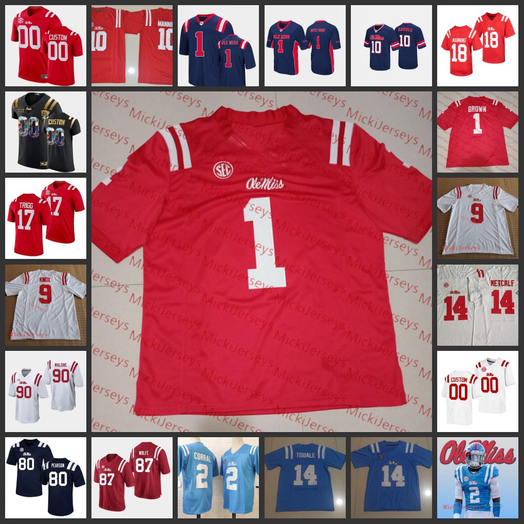 

2022 NCAA Custom Stitched Ole Miss Rebels Football Jersey 1 A. J. Brown 14 Bo Wallace 10 Jor dan Ta'amu 74 Greg Little Jerseys #9 Dawson Knox Jerseys college, Navy2