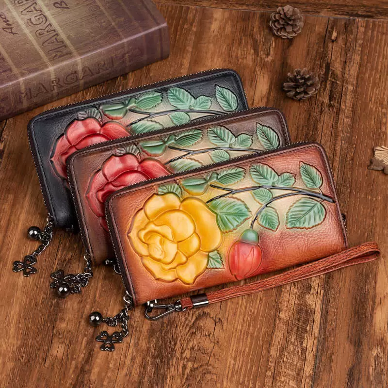 

Wallets Rose Embossed Women's Medium Long Zipper Hand Bag Style Fashion Zero Wallet