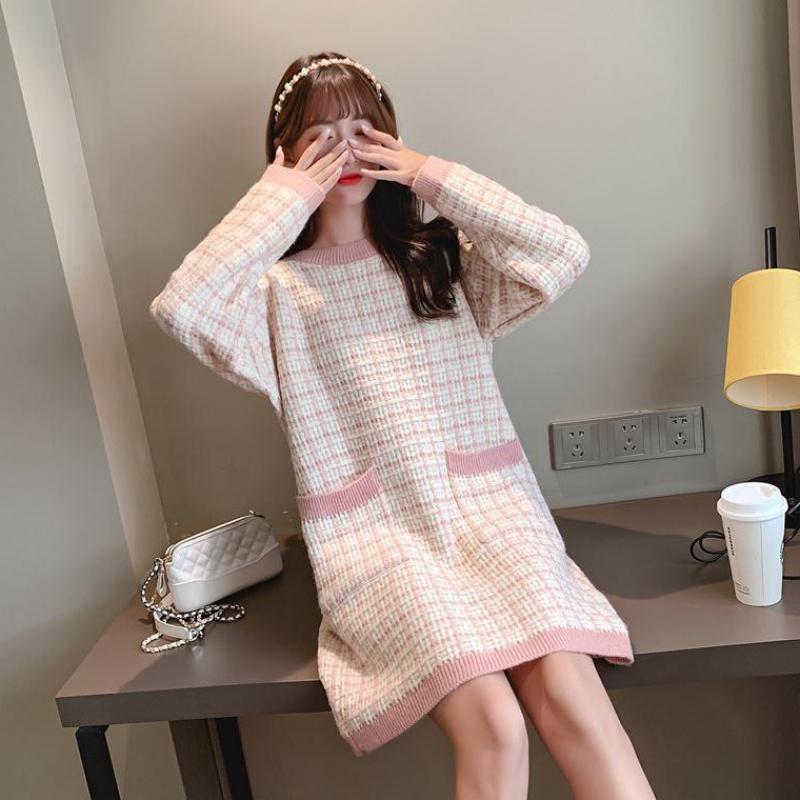 

Casual Dresses Knitted Dress Women Autumn And Winter Plaid O-Neck Lazy Loose Waist Female Sweater, Black;gray