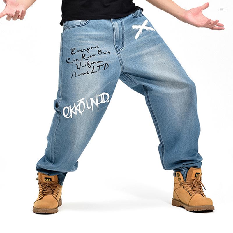 

Men's Jeans Baggy Men Denim Pants Loose Streetwear Hip Hop Casual Print Skateboard For Plus Size Trousers BlueMen's, Blue