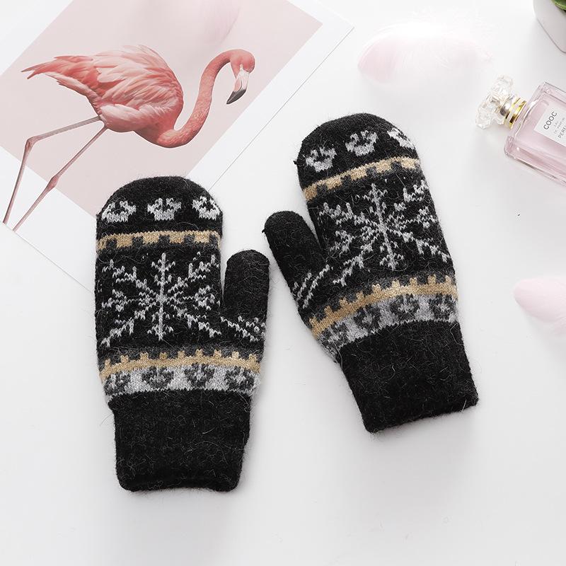 

Five Fingers Gloves Women Winter Thick Knitted Fur Cashmere Double Layer Plus Plush Wool Knit Warm Mittens Female Snowflake Full H52