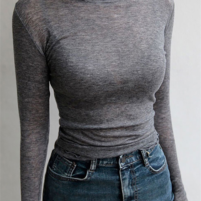 

Slim High Quality Plain T Shirt Women Cotton Elastic Basic Tshirts Female Casual Tops Long Sleeve Sexy Thin Tshirt see through 220728, Gray