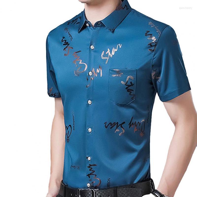 

Men's Dress Shirts Letter Print For Men Turn-down Collar Short Sleeve Slim Social Dreess Shirt Business Chemise HommeMen's Quin22, Black