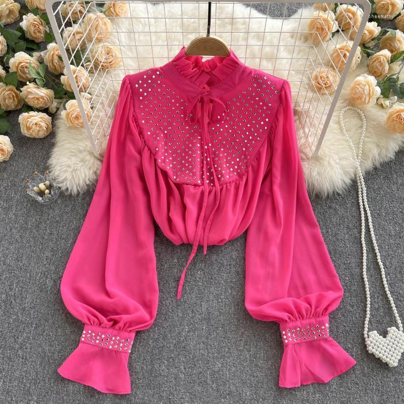 

Women's Blouses & Shirts Women's Elegant & Autumn Ladies Stand Ruffles Collar Long Flare Sleeve Diamonds Casual TopsWomen's Chee22, Green