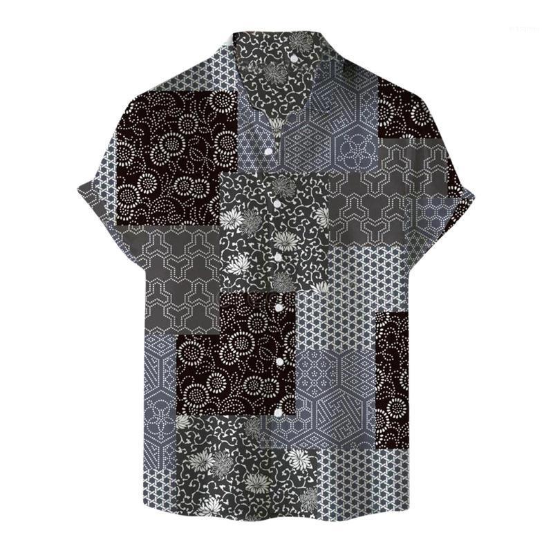 

Men's Casual Shirts Ethnic Short Sleeve Shirt Men Summer Loose Baggy Vintage Holiday Beach Tee Tops Buttons Blouse National Style, Gray