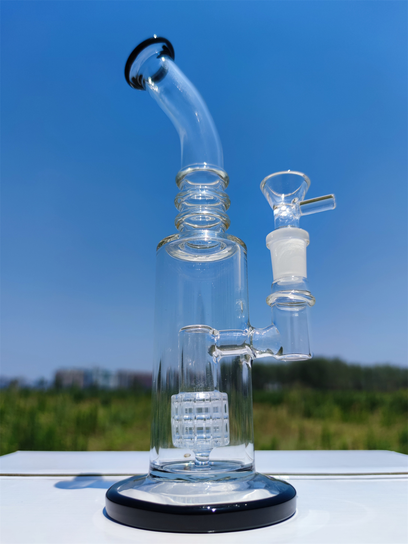 

26CM 11Inch Clear Glass with Blue Lips Slim Bong Water Pipe Smoking Hookah Bongs 14MM Bowl Piece