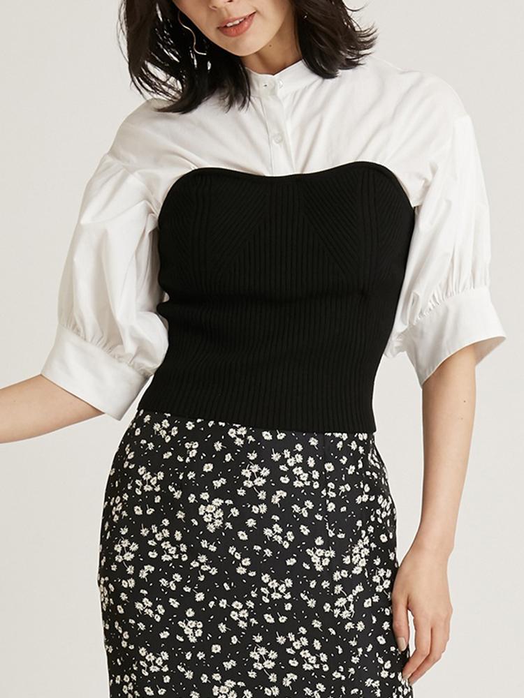 

Women's Blouses & Shirts Spring Women Spliced Knitted Puff Sleeve Slim Fit Blouse Pullovers Japan Style Elegant Office Lady Tops FemmeWomen', Green