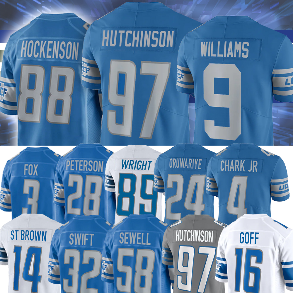 

97 Aidan Hutchinson Liones Football Jerseys Detroit Lions 88 TJ Hockenson Jameson Williams Jared Goff D'Andre Swift Jamaal Williams Brock Wright, Women(xiong shi)