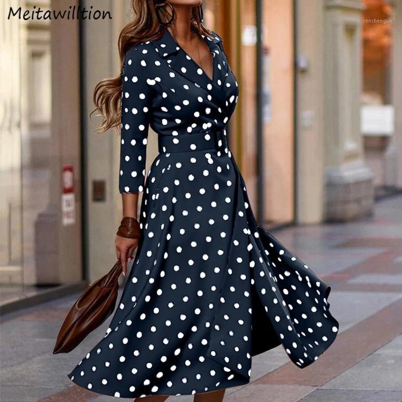 

Casual Dresses Autumn Women Dot Polka Midi Dress Lady Waistband Party 2022 Vintage 3/4 Sleeve Office Plus Size Vestidos, Gy01 blue