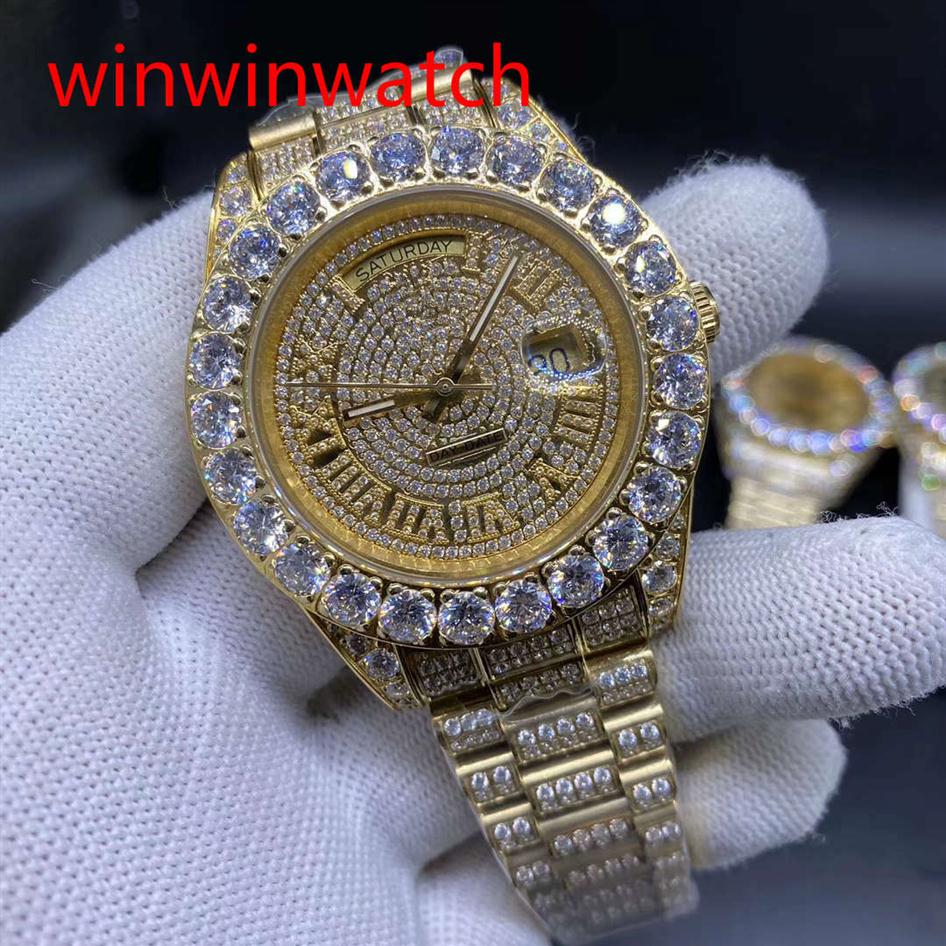 NEW Luxury 43mm Gold Big diamond Mechanical man watch gold diamond face Automatic Stainless steel men's prong set watches220E