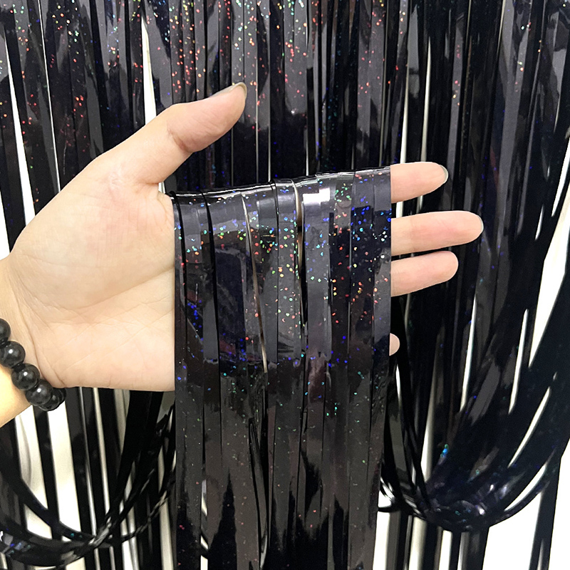 

Black Laser Foil Tinsel Wedding Decoration Birthday Party Decorations Backdrop Decoration Mariage Halloween Party Backdrop, As described