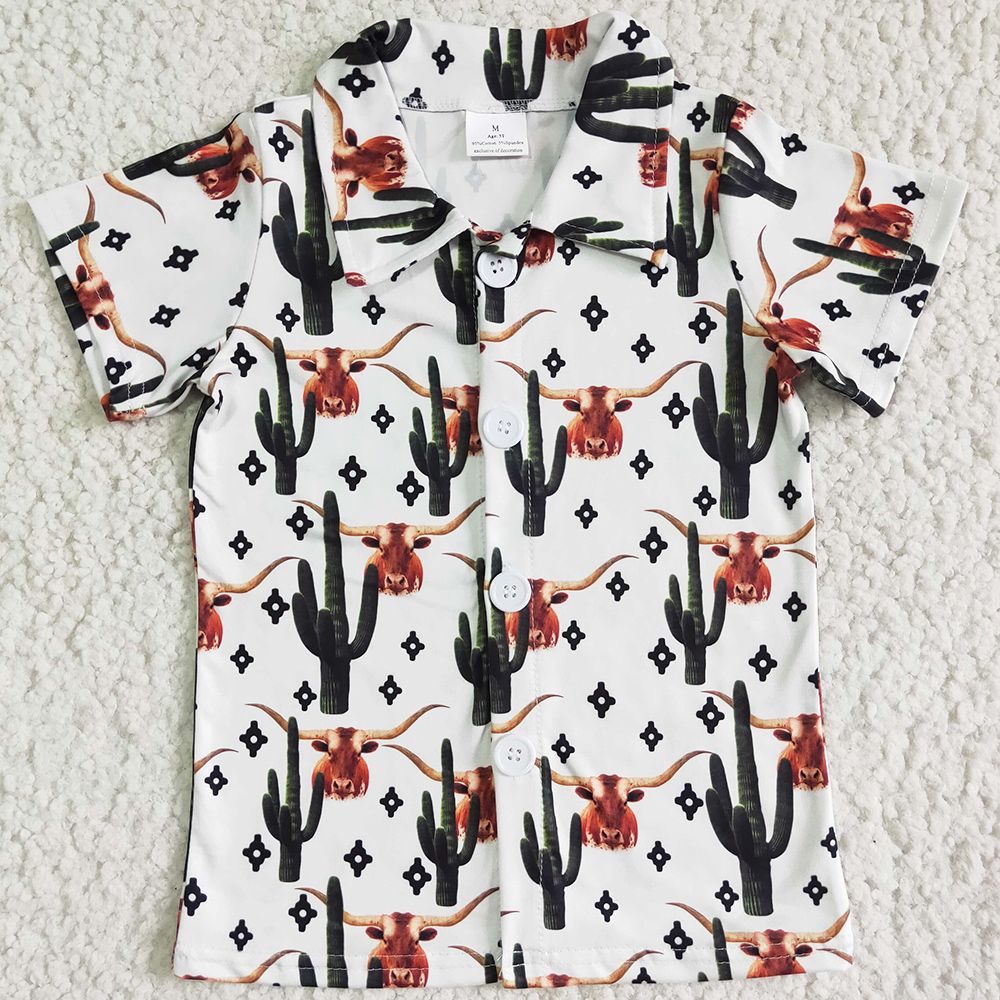 

New Fashion Baby Boy Clothes Top Shirts Cow Print Button Design Boutique Boys T-shirt Western Style Short Sleeve Summer Wholesale Children Clothing High Quality, As picture