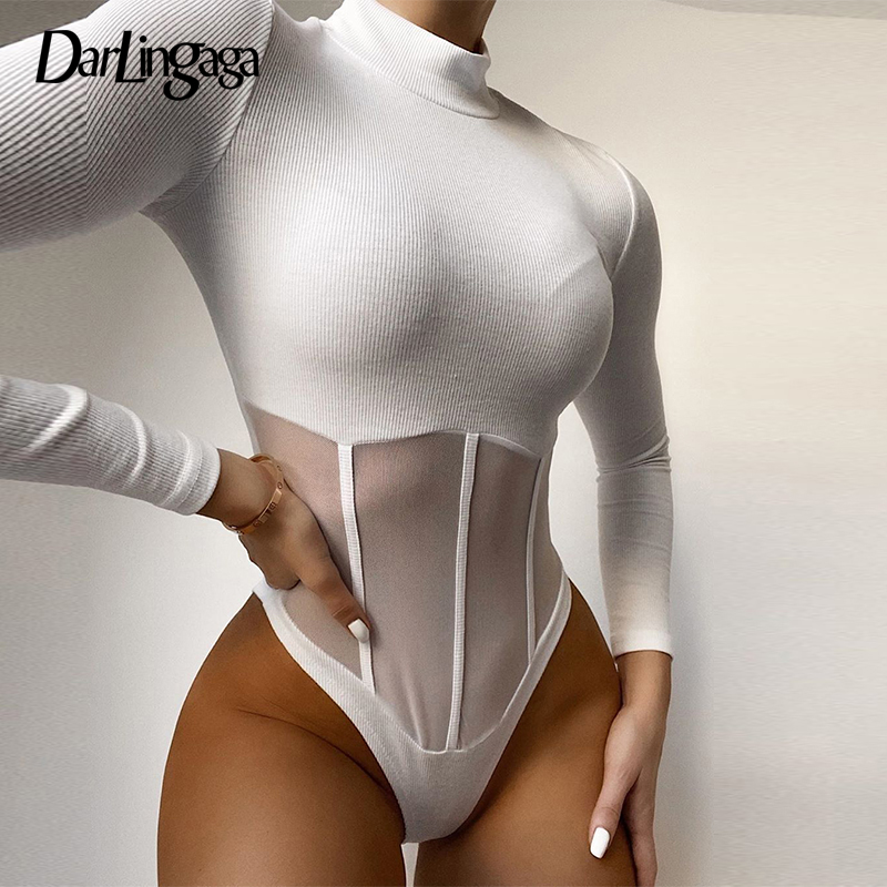 

Autumn Winter Bodycon Turtleneck Body Long Sleeve Bodysuit Women Mesh Patchwork Transparent Sexy Bodysuits Party Slim, Black