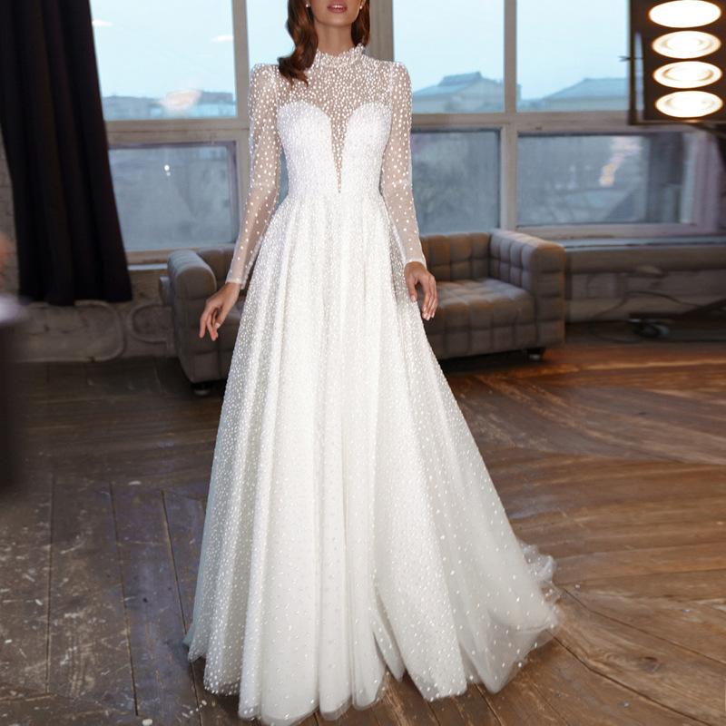 

Party Dresses Elegant White Mermaid Wedding Dress Round Neck Long Sleeves Evening Gowns Luxury Night Women For, As pic