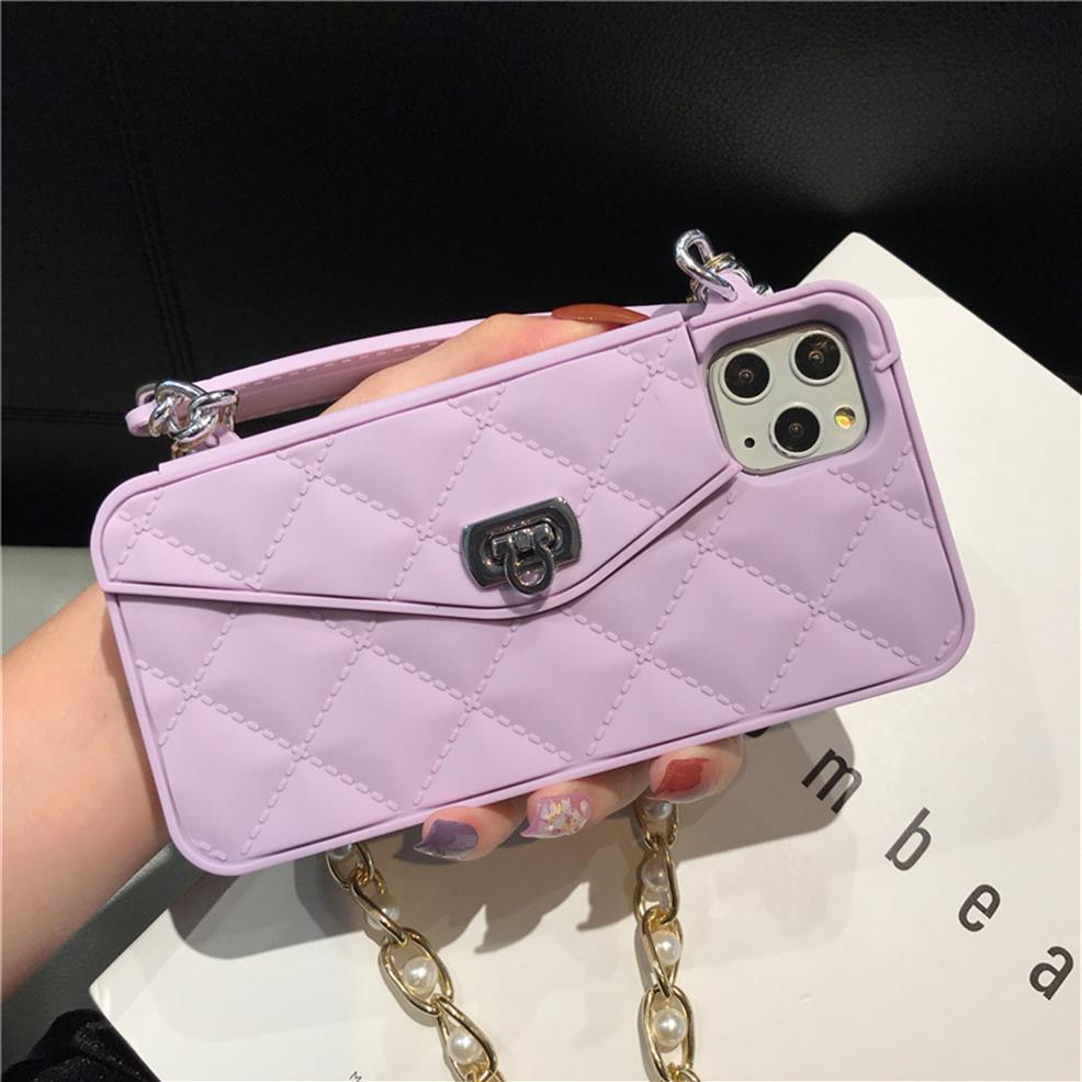 

Wallet Handbag Crossbody phone case For iPhone 11 pro Xs max XR X 6s 8 7 Plus 12 Card Slot Purse Silicone cover with strap Chain1817, Light purple