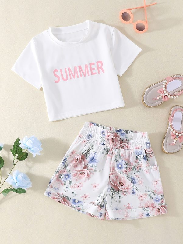 

Girls Letter Graphic Tee & Floral Print Paperbag Waist Shorts SHE, Multicolor