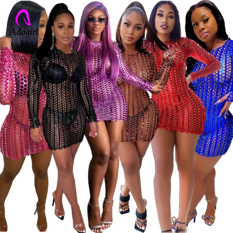 

Casual Dresses Exotic Mini Dress 2022 Summer Women Sexy Fishnet Hollow Out Party Club Lady Long Sleeve Skinny Vestidos Grid Hole Ropa, Black