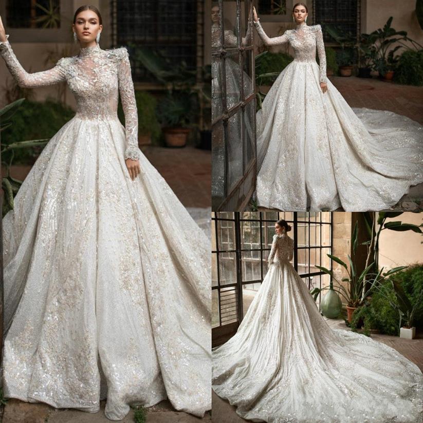 

2020 New Luxury Wedding Dresses High Neck Long Sleeves Fulle Lace Beading Tulle Wedding Gowns Bride Dress Vestido de noiva258H, Black