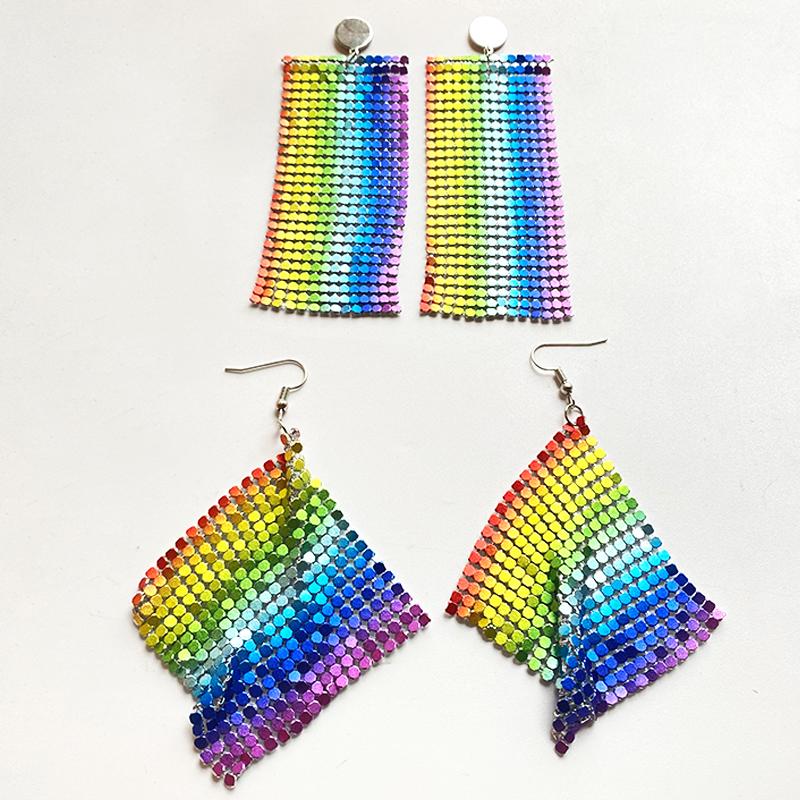 

Dangle & Chandelier Rainbow Color Shining Exaggerated Dizzy Unique Nightclub Style Fashion Jewelry Statement Aluminum Mesh Earrings For Part