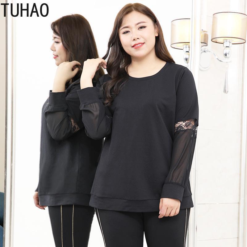 

Spring Autumn Plus Size 10XL 8XL 6XL Women's Black Office Lady Blouse Shirt Lace Sleeve Patchwork Female Shirts Top WM16 Blouses &