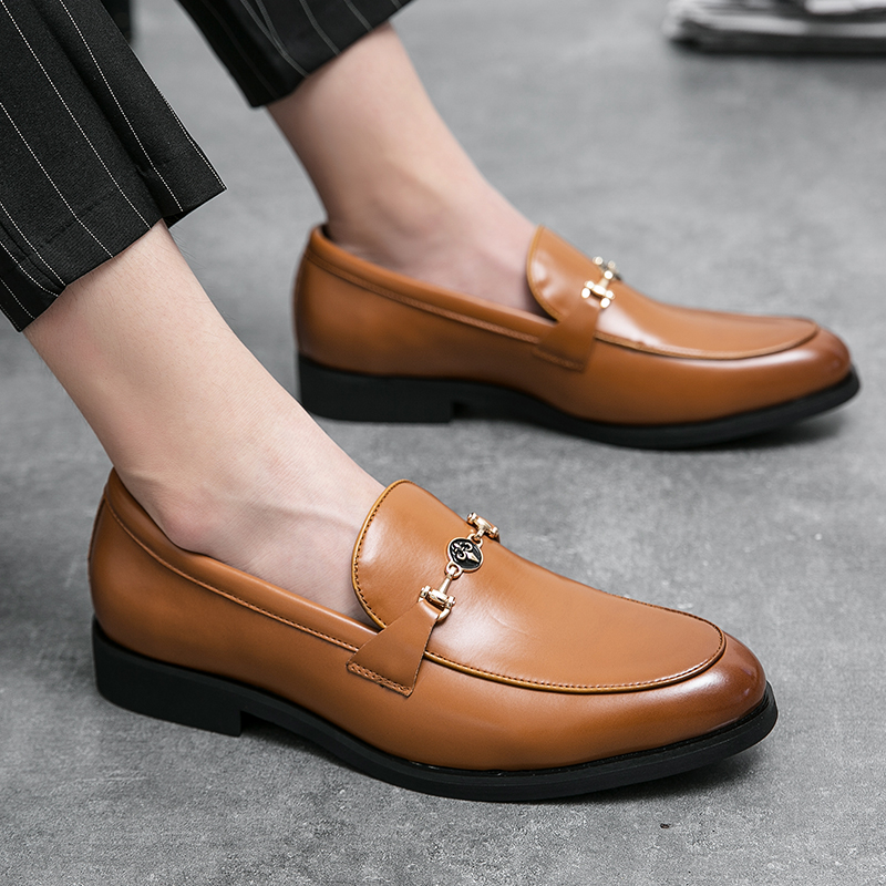 Loafers Shoes Men PU Leather Solid Color Fashion Round Toe Classic Metal Horsebit Decorative Comfortable British Business Dress Shoes DP390-1