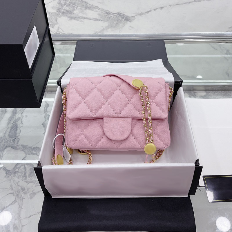 

22cm Women Flap Shoulder Bag Grained Calfskin Aged Classic Designer Bags Golden Coin Badge Gold-Tone Metal Chain Hardware Handbag Diamond Quilting Crossbody Bags ZH, Box