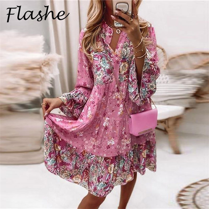 Elegant Retro Floral Print Flare Sleeve Mini Dress Women Spring Summer Ruffle Loose Women Party Dress Casual V Neck Beach Dress 220601