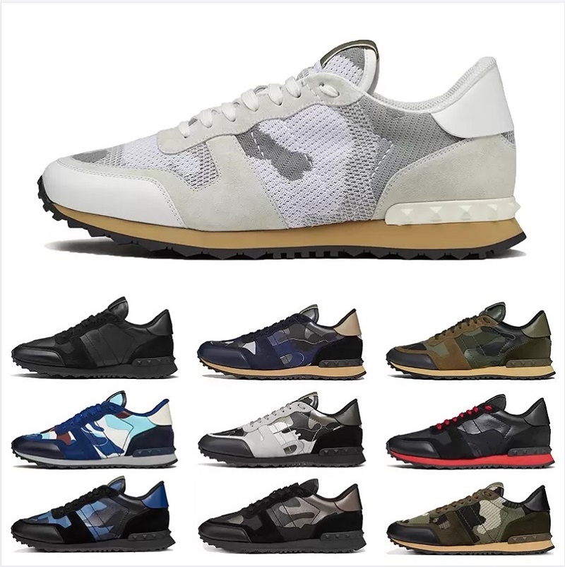 

2022 men women luxury designer Running shoes Rockrunner Sneakers in camouflage mesh fabric Rubber stud Triple Black White Beige mens trainers Jogging Walking shoe, Color#6