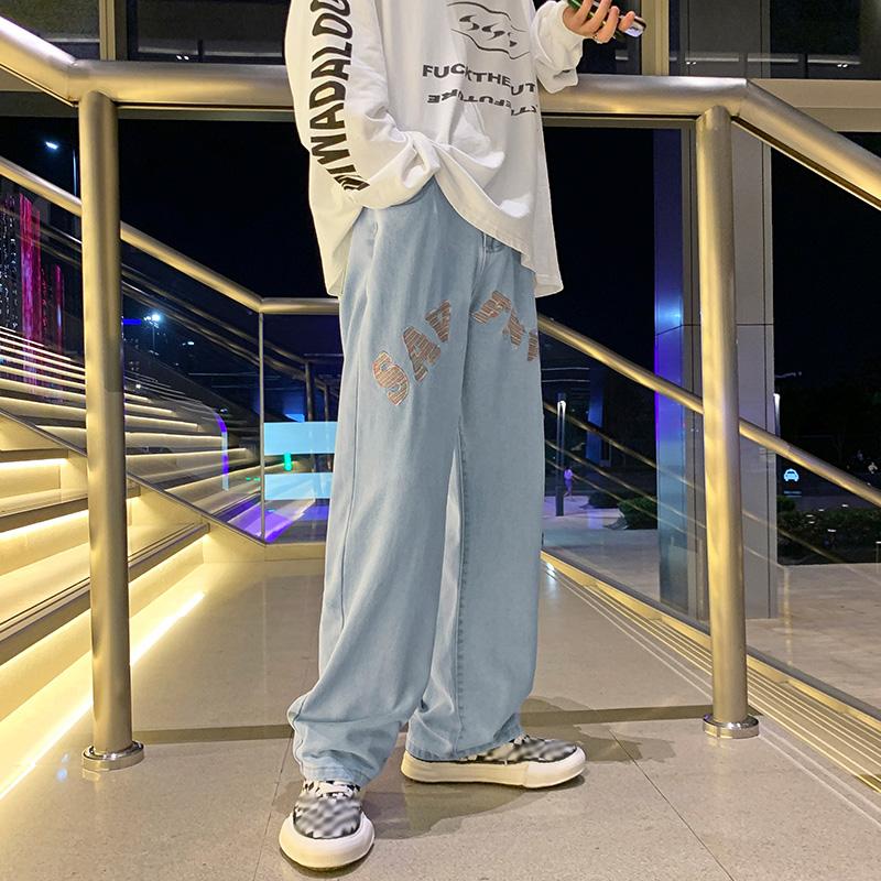 

Men's Jeans Letter Embroidery Men Light Blue Straight Pants Baggy Denim Trousers Oversized Male Bottoms Y2K Clothes Design StreetwearMen's