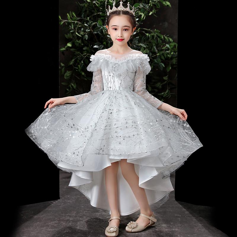 

Girl's Dresses Gray High Low Grils Birthday Party Elegant O-Neck Short Front Long Back Shiny Glitter Flower Girl DressesGirl's