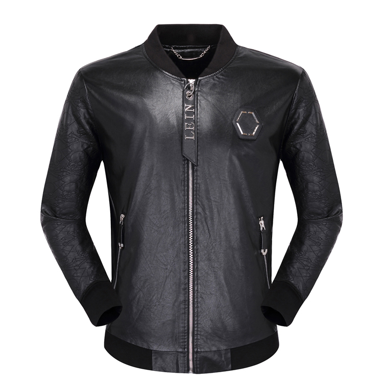 

pleinbrand mens pp skull embroidery leather jacket thick baseball collar jacket coat simulation motorcycle mens p6948, Black