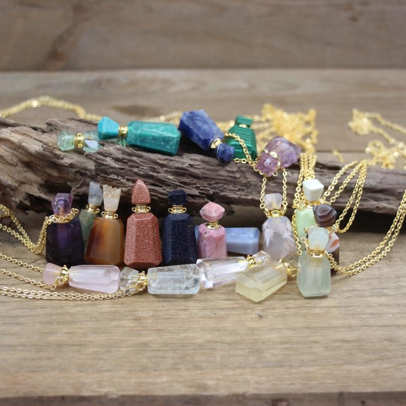 

Pendant Necklaces Natural Amazonite Essential Oil Vial Necklace Malachite Amethysts Rhodonite Geode Caps Perfume Bottle Charms QC1103Pendant
