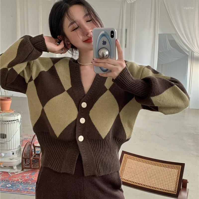 

Women's Knits & Tees Single Breasted GeometricV-Neck Knitted Sweater Korean Pullovers Cardigan Women Vintage Casual Loose FemaleWomen's Olga