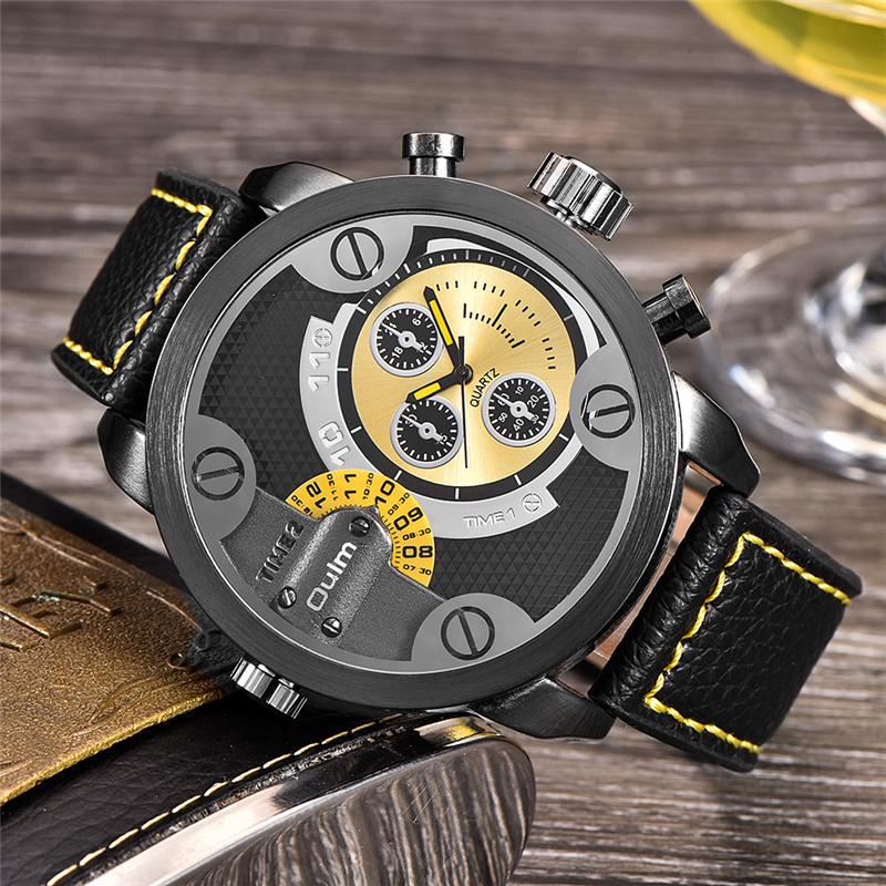 

Wristwatches Casual Leather Strap Men's Watches Cool Military Wristwatch Oulm 3130 Double Time Zone Quartz WatchWristwatches Wristwatche
