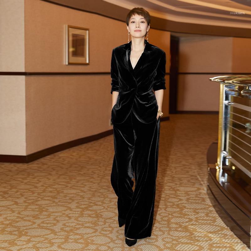 

Velvet Uniform Women Pant Suits 2 Piece Set Slim Blazer Jacket Office Lady Business Celebrity Evening Runway Party Suit Women' & Blazers, Black