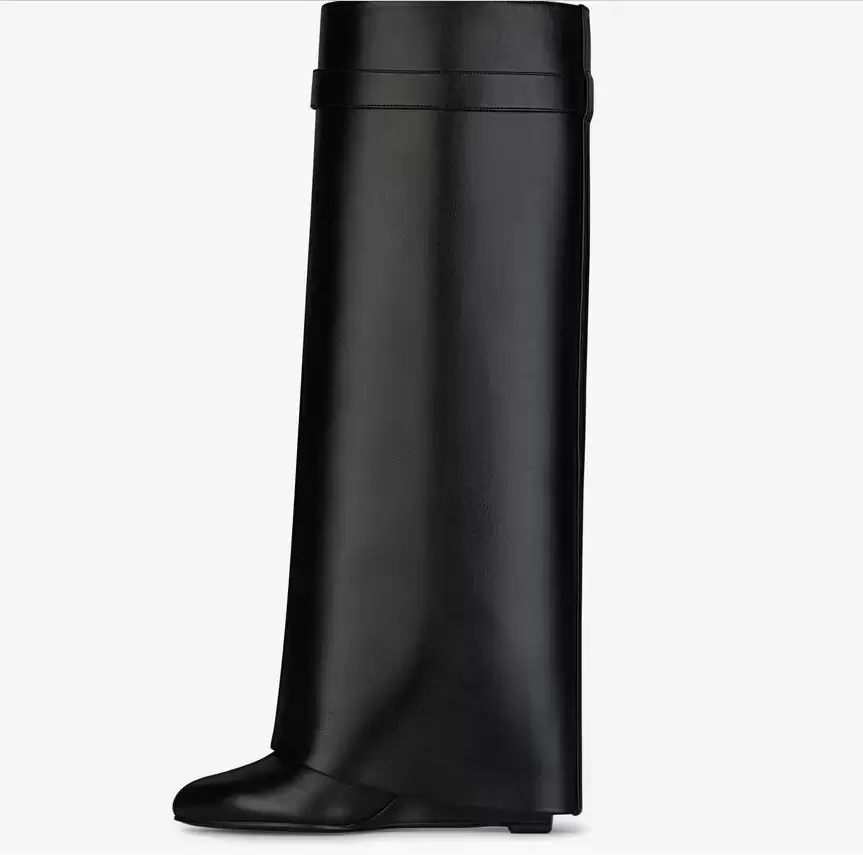 

Luxury shark lock boots Knee in leather dupe silver and gold finish asymmetrical metal high low Boot Women Suede clad wedge almond shaped toe heel height 9cm size 41, Black