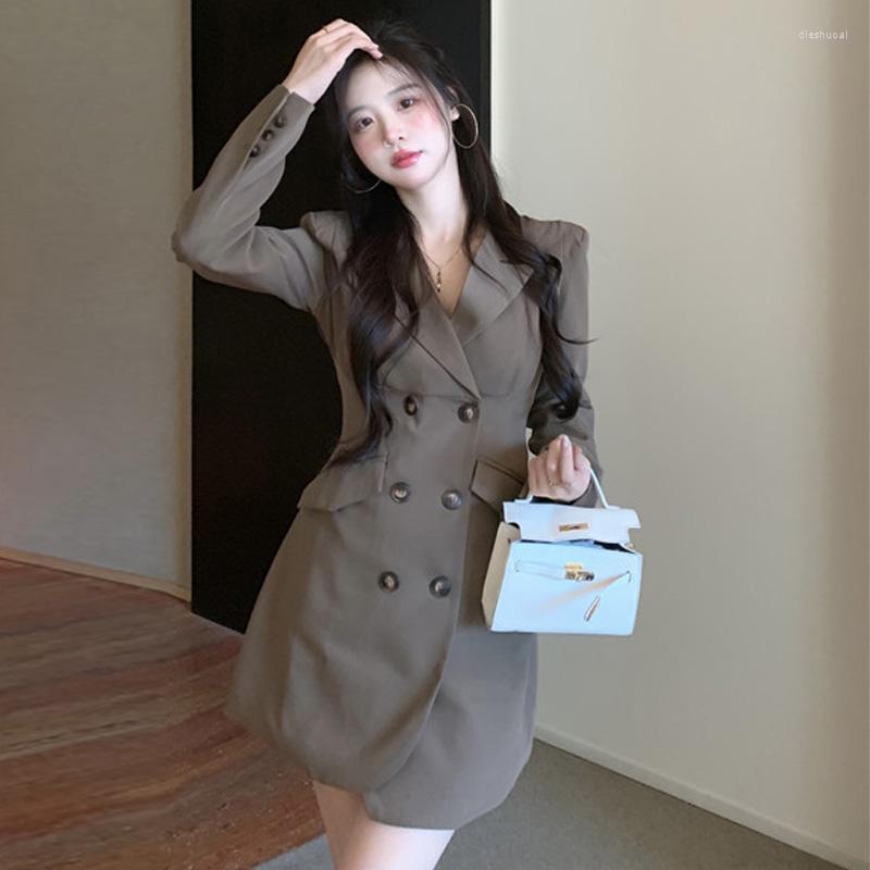 

Casual Dresses Autumn Web Celebrity Sexy Club Suit Collar Show Chest Double-breasted A-line Dress Long Sleeve Cultivate Morality, See chart