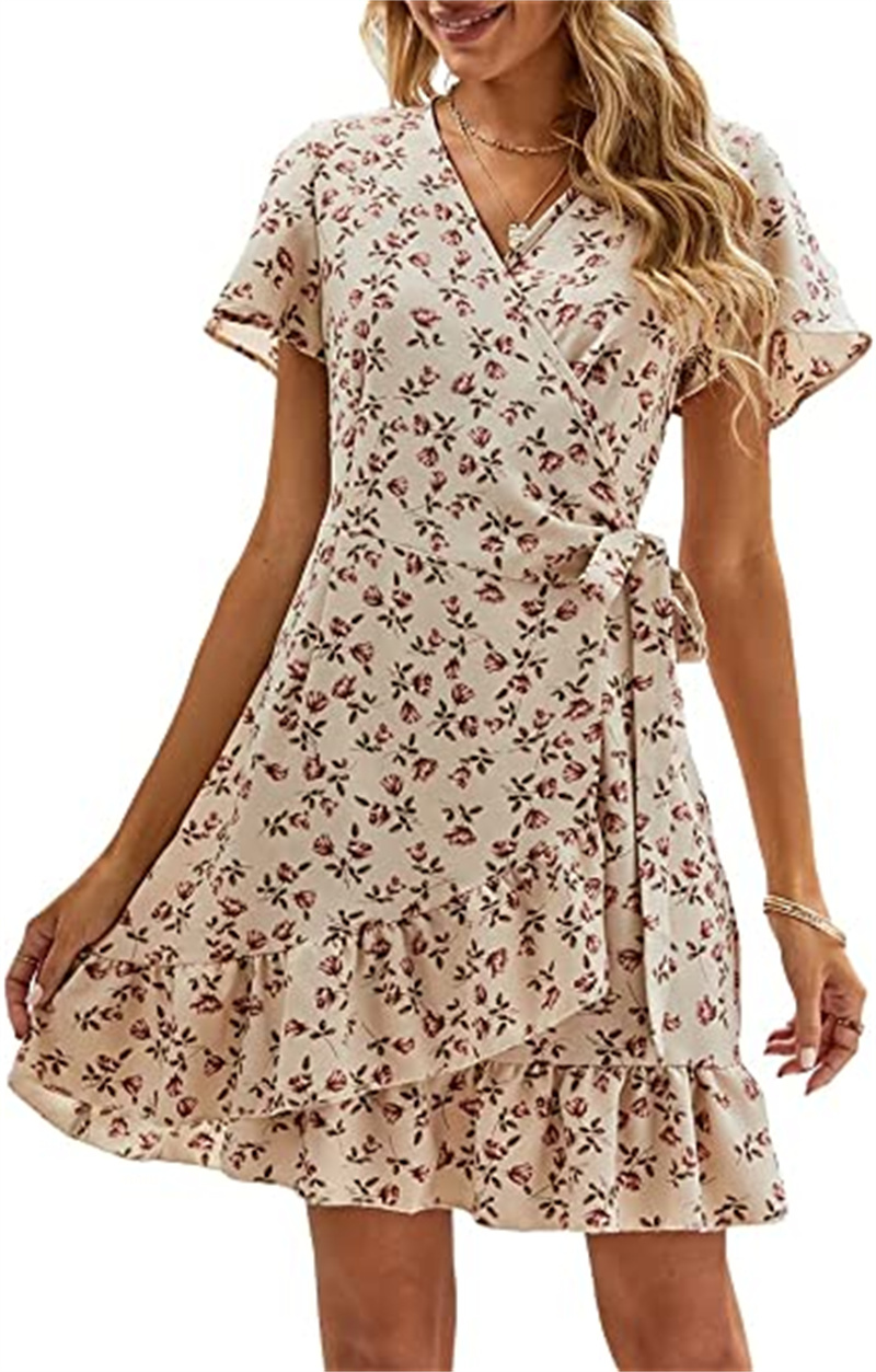 

Women's Tops & Tees summer wrap v-neck Polka dot print Pleated short sleeve Floral Mini Dress with belt, Photo color