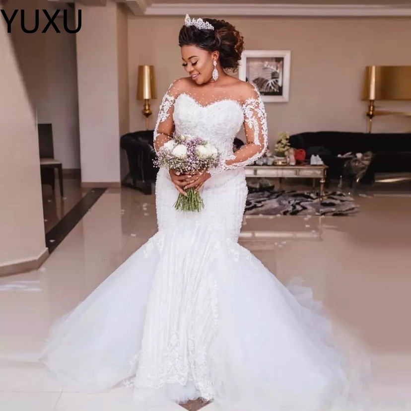 2022 Exquisite Lace Appliques Mermaid Wedding Dresses Custom Made Plus Size Sweep Train Tulle Bridal Gowns Plus Size bridal dresses-image-790783431