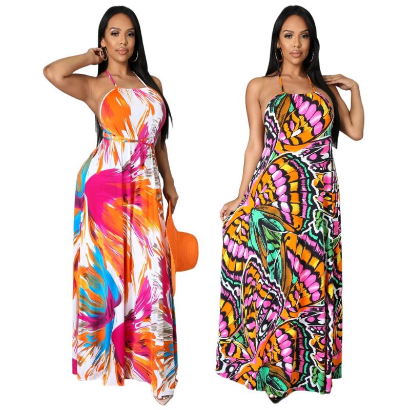 

Plus Size Dresses Women Fashion Long Dress Sling Sleeveless Slim High Waist Print Backless Casual Loose Beach Seaside Style Vestidos Summer