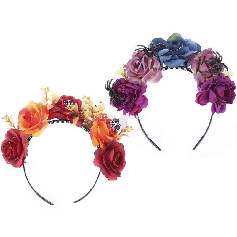 

Hair Clips & Barrettes Halloween Day Of The Dead Headband Bloomy Rose Floral Crown Scary Spider Skull Festival Hoop Headpiece DropshipHair