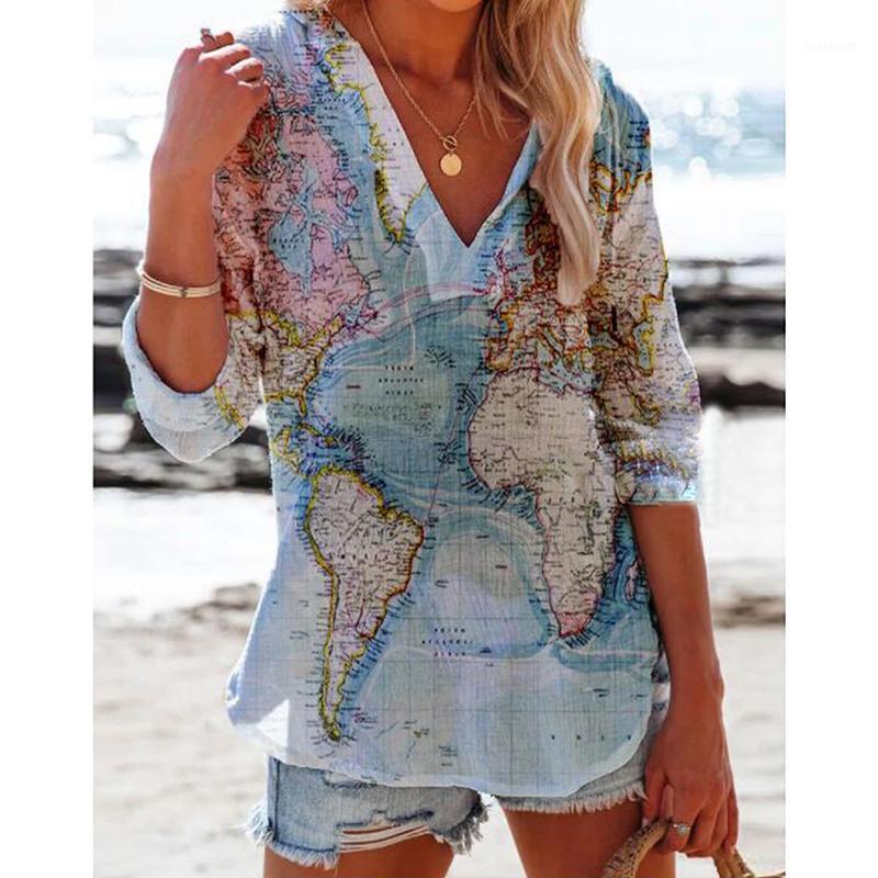 

Women' Blouses & Shirts Lapel BUTTON SHIRT Printed Long Sleeve Loose Casual Positioning V-neck, Blue