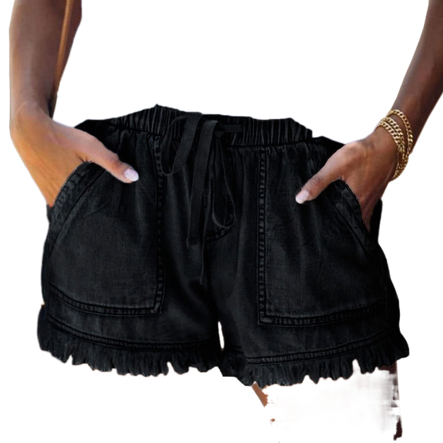 denim Shorts for Women Casual Drawstring Elastic Waist Summer Frayed Tencel Short Jeans with Pockets r65Z#-image-765637635