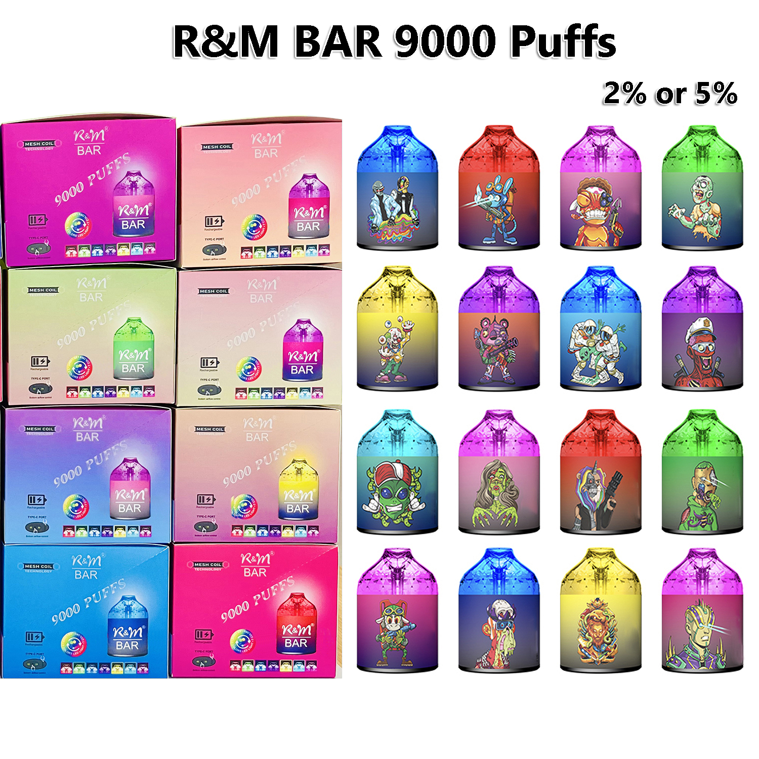 

Original R&M BAR Disposable E Cigarettes 9000 Puffs Vape Device Mesh Coil 15ml Pod 7 RGB Lights 2% 5% Paradise 16 Colors Available RandM 9K